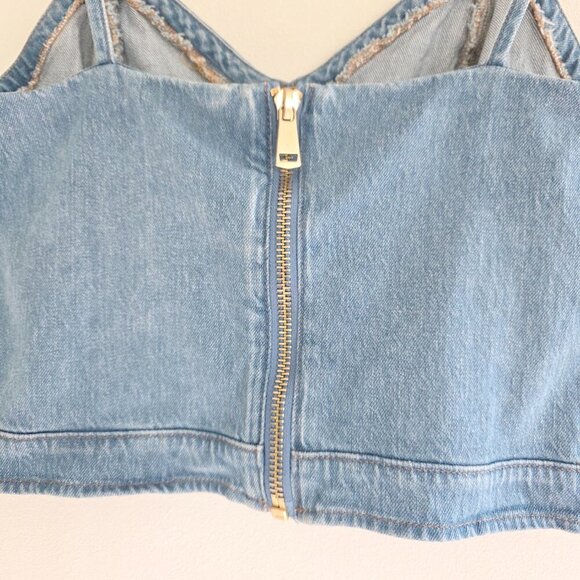 Express Denim Crop Corset Top Sweetheart Neckline Zipper Back Spaghetti Straps - Picture 8 of 11